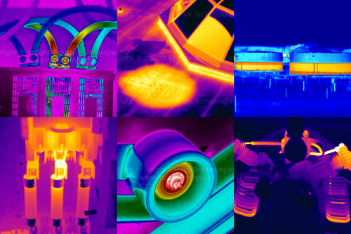 Thermal images of electrical fuses and conductors, pulley, air compressor, flat roof moisture, and storage tanks.